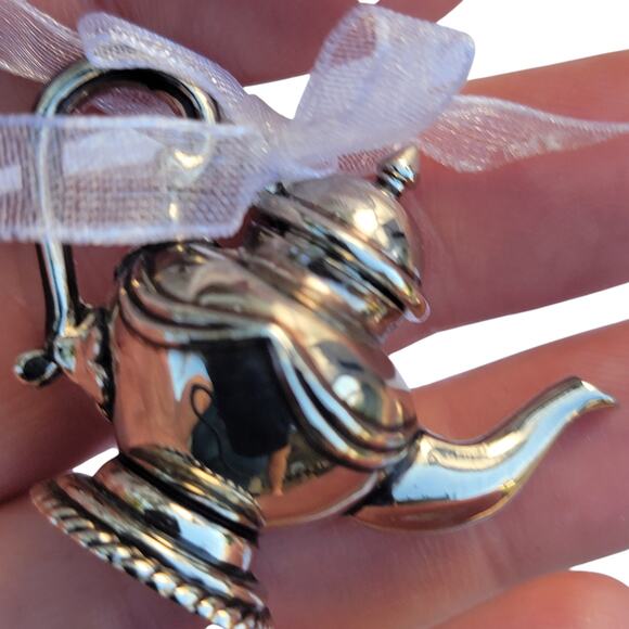 Vintage Silver Teapot Christmas Ornament with Ribbon Bow - Picture 5 of 10